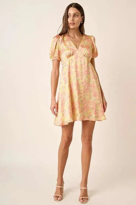 Mittoshop Printed V-Neck Puff Sleeve Mini Dress for Women - Love Salve